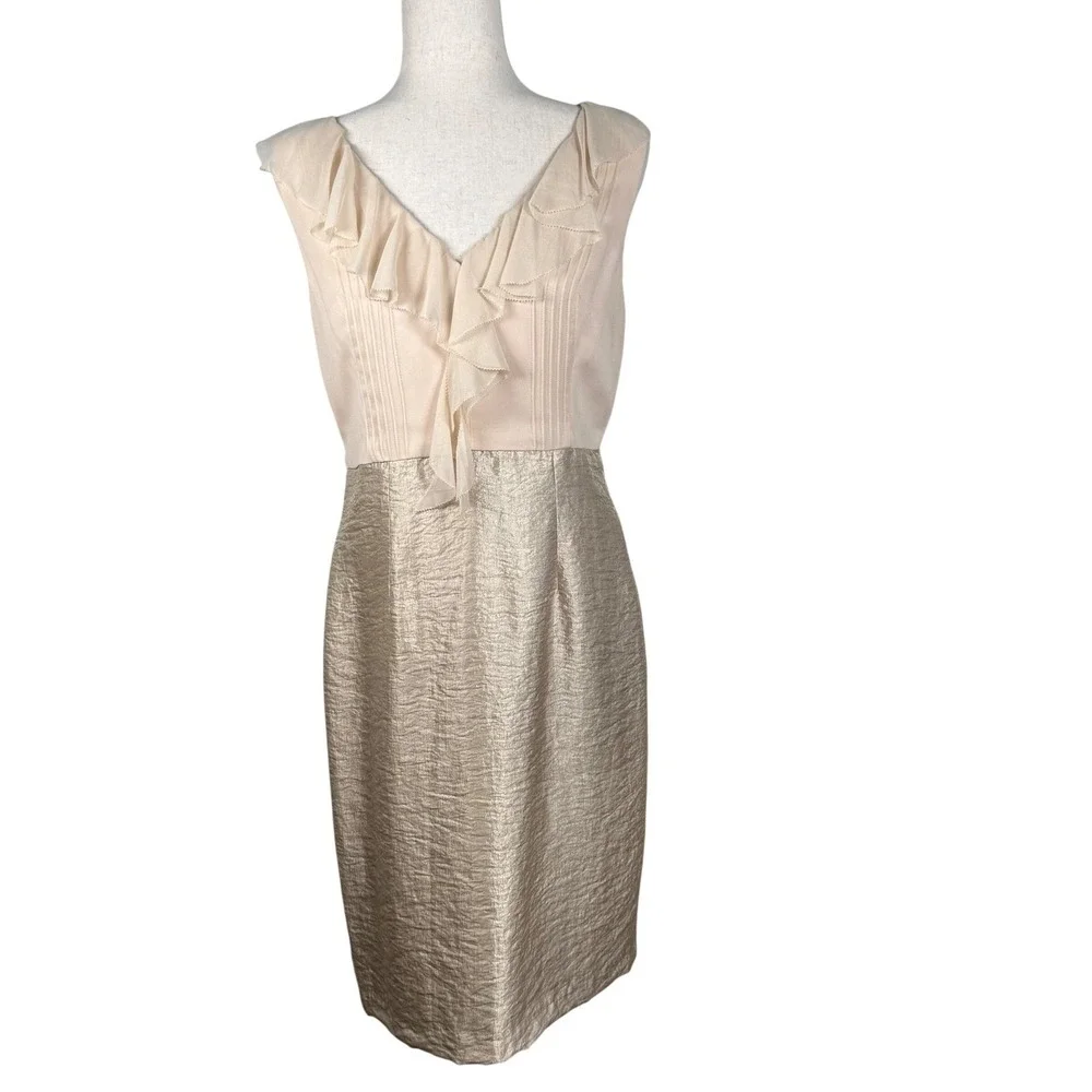 Kay Unger Sheath Dress Womens‎ 8 Gold Silk Ruffle V-Neck Metallic Cocktail Luxe